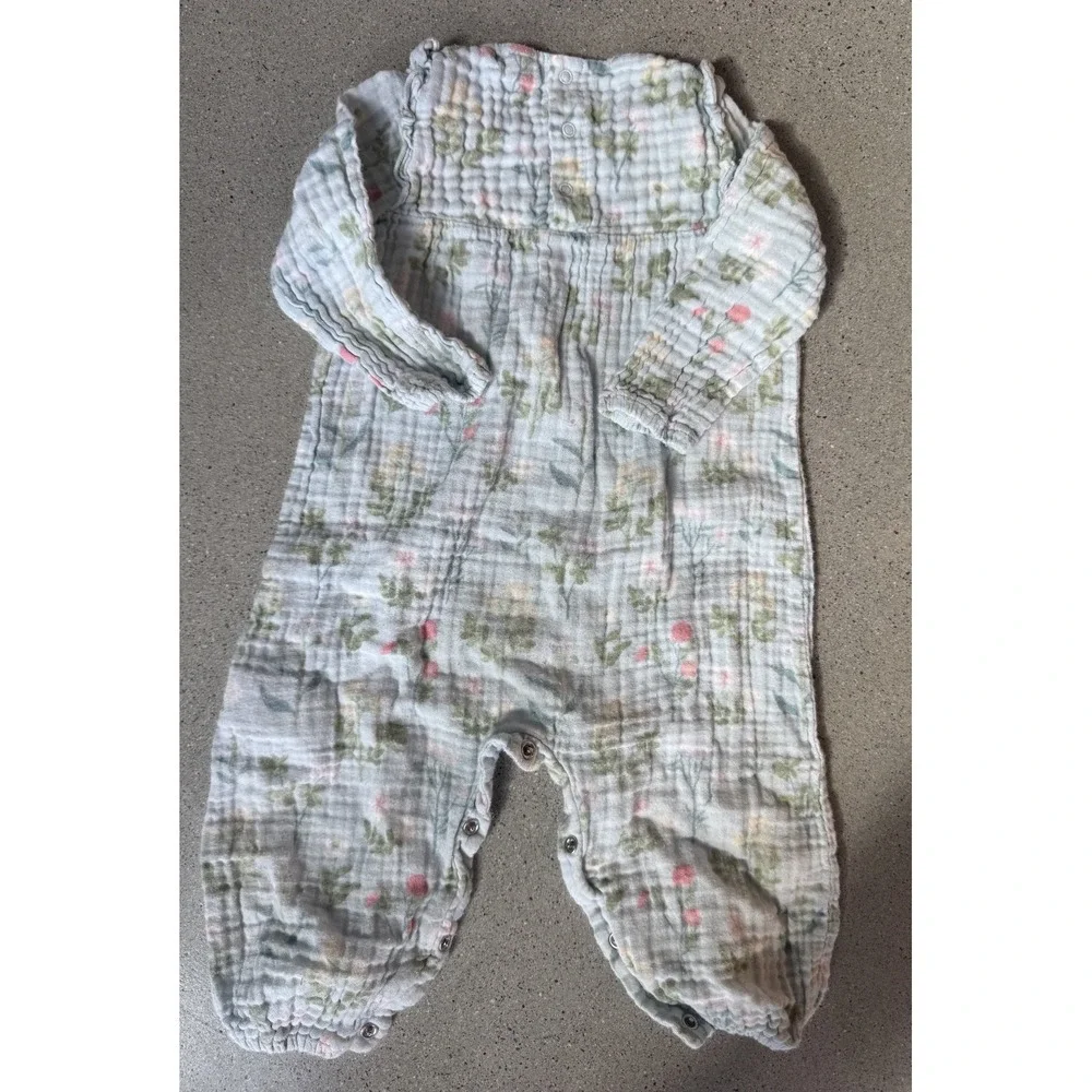 Angel Dear Soft 100% Cotton Button-Up Light Blue Floral Baby Romper Sz 12-18 Mos